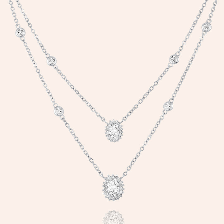 Daily Double Oval Cut Halo Pendants Duo Layered Necklace