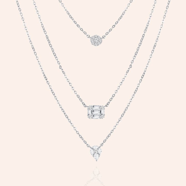 Triple Elegance Pave and Baguette Charms Layered Necklace