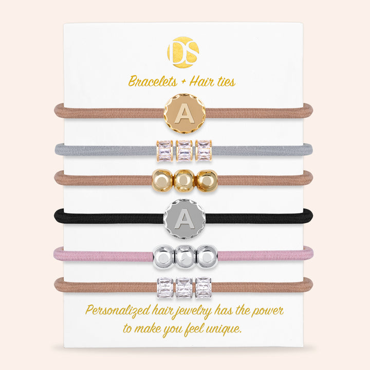 The Unique One Initial Hair Ties & Bracelet Jewels - Set of 6