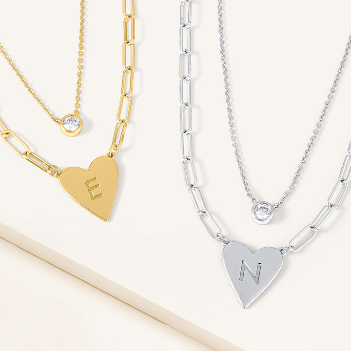 Initial This  Set of Two Initial Heart & Solitaire Layering Necklaces