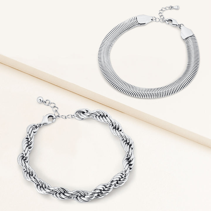 Entwined Rope & Herringbone Chain Bracelets - Set of 2